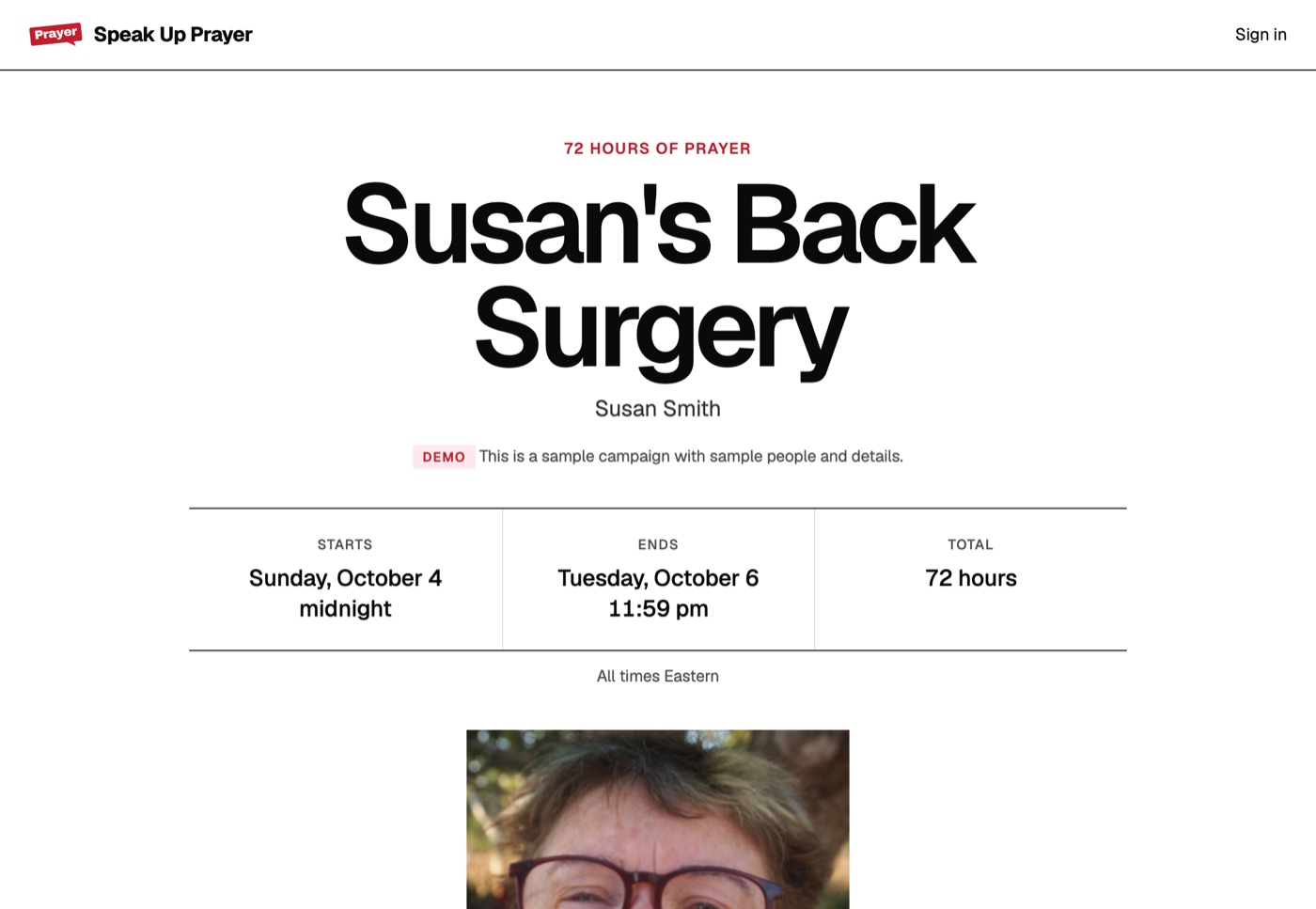 A campaign page: the name, the dates and the photo